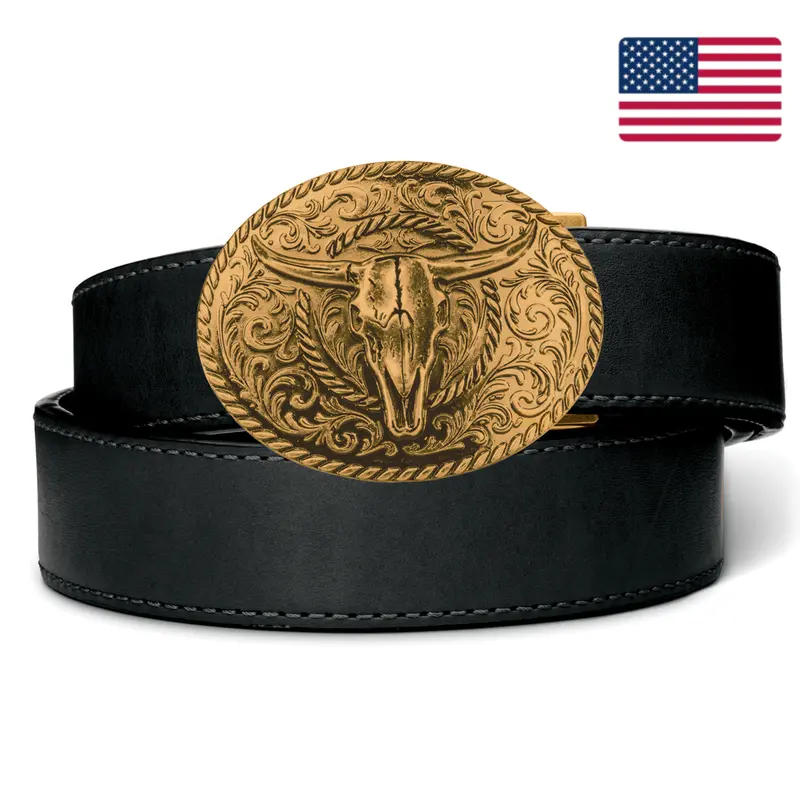 Bull Skull Antique Brass Buckle On Black Ranch-Style Leather Gun Belt (1.5") 1