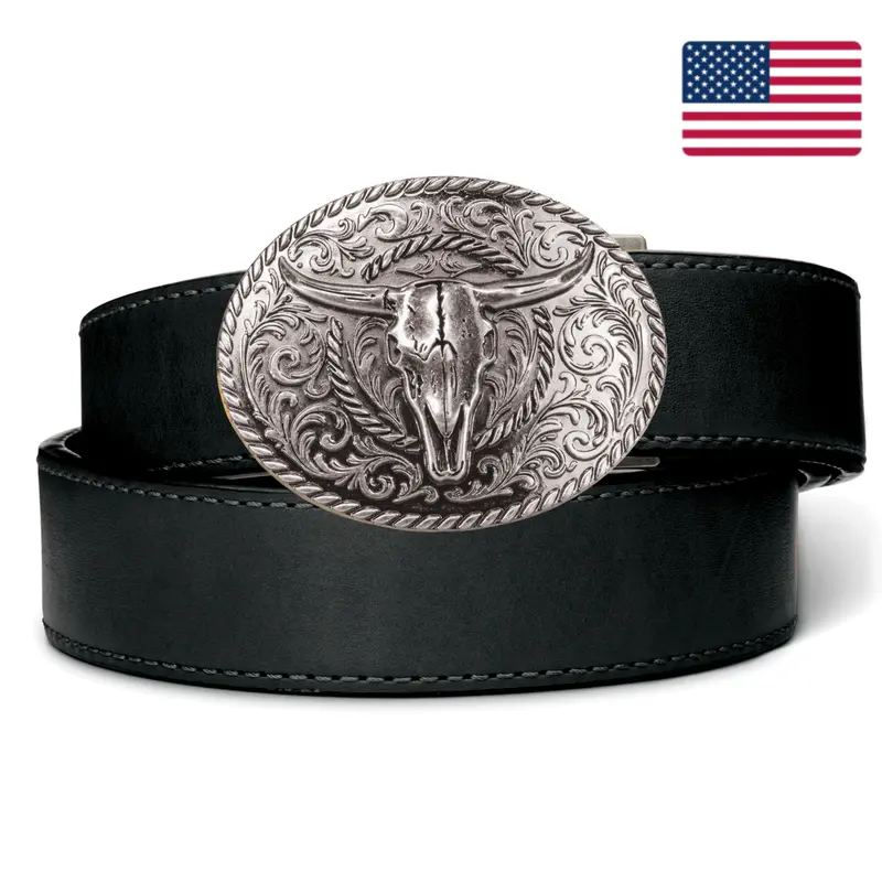 Bull Skull Antique Silver Buckle On Black Ranch-Style Leather Gun Belt (1.5") 1