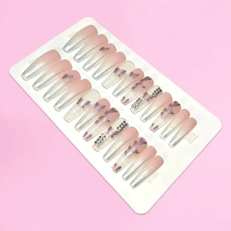 Butterflies Long Coffin Press-On Nails – 24-Piece Elegant & Whimsical Design 1