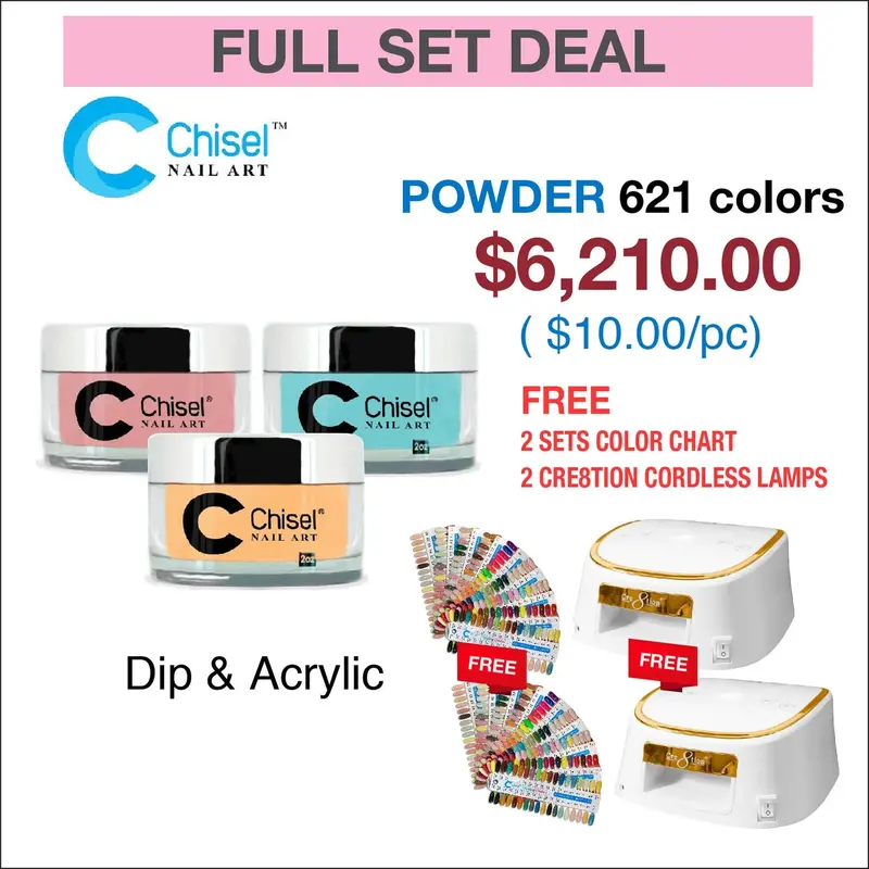 Chisel Complete Dipping Powder Kit: 621 Colors (2 Oz Each) + Dual Tip Color Charts + 2 Cordless Gold-Rim Lamps 1