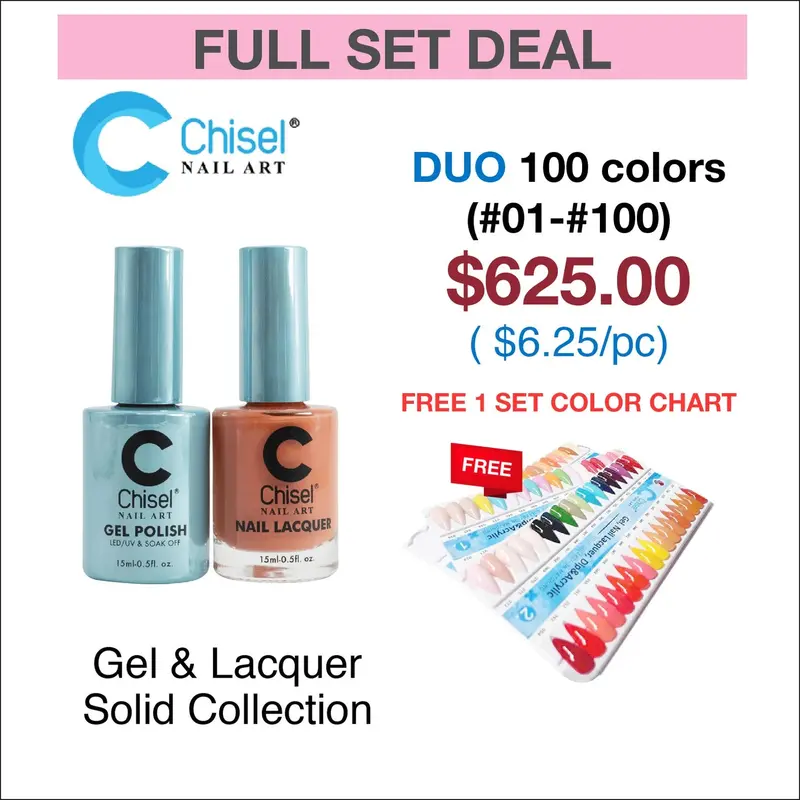 Chisel Solid Collection Full Set: 100 Matching Dip Powder Duo Shades (0.5 Oz Each) + Color Chart 1