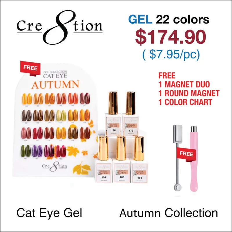 Cre8Tion Autumn Collection Cat Eye Gel – 22 Shades + Round Magnet, Dual Magnet, & Color Chart 1