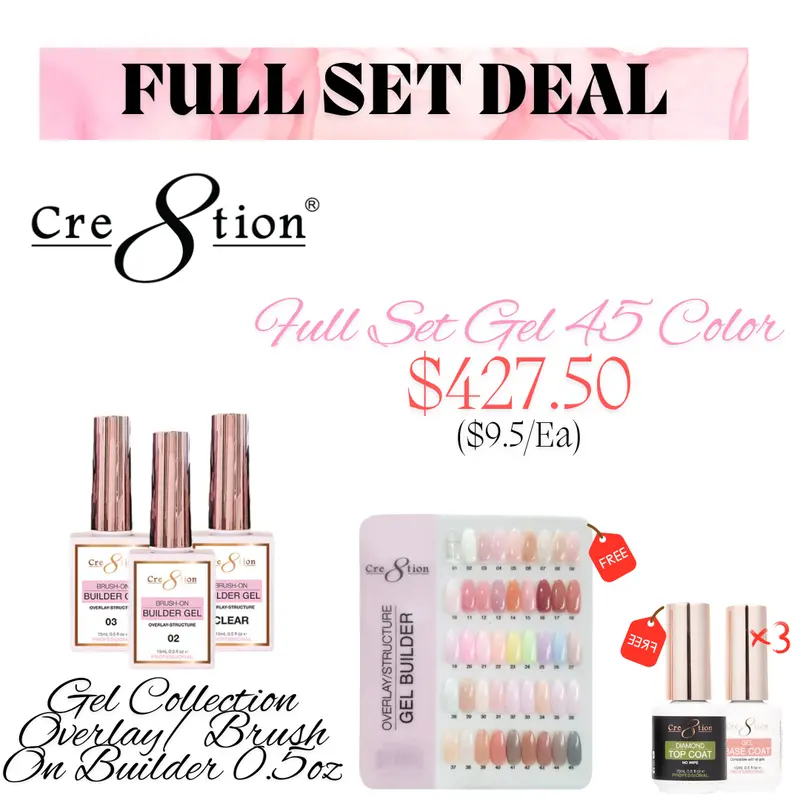 Cre8Tion Builder Gel Collection – 45-Color Full Set (0.5 Oz Each) With Chart & 3 Base/Top Coats 1