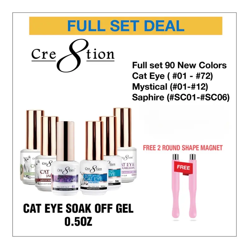 Cre8Tion Cat Eye Soak-Off Gel Collection – 90-Color Full Set: Mystical (12), Sapphire (6), And Core Cat Eye (#01–#72) + Two Round Magnets 1