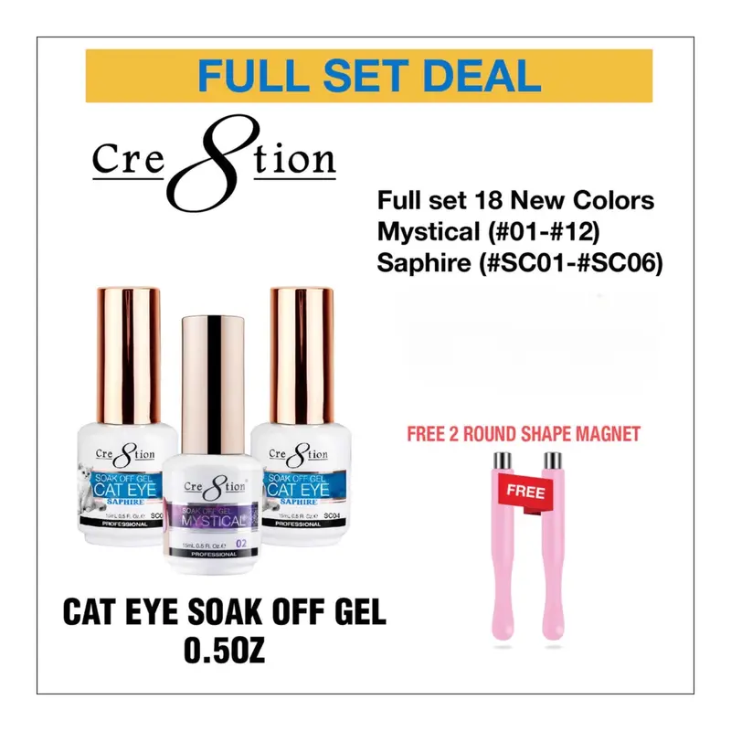 Cre8Tion Cat Eye Soak-Off Gel Mini Set – 18 Exclusive Shades: Mystical & Sapphire Collections + Two Round Magnets 1