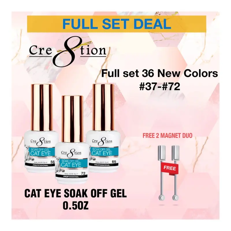 Cre8Tion Cat Eye Soak-Off Gel Polish Set – 36 New Shades (#37–#72), Includes 2 Magnet Tools 1