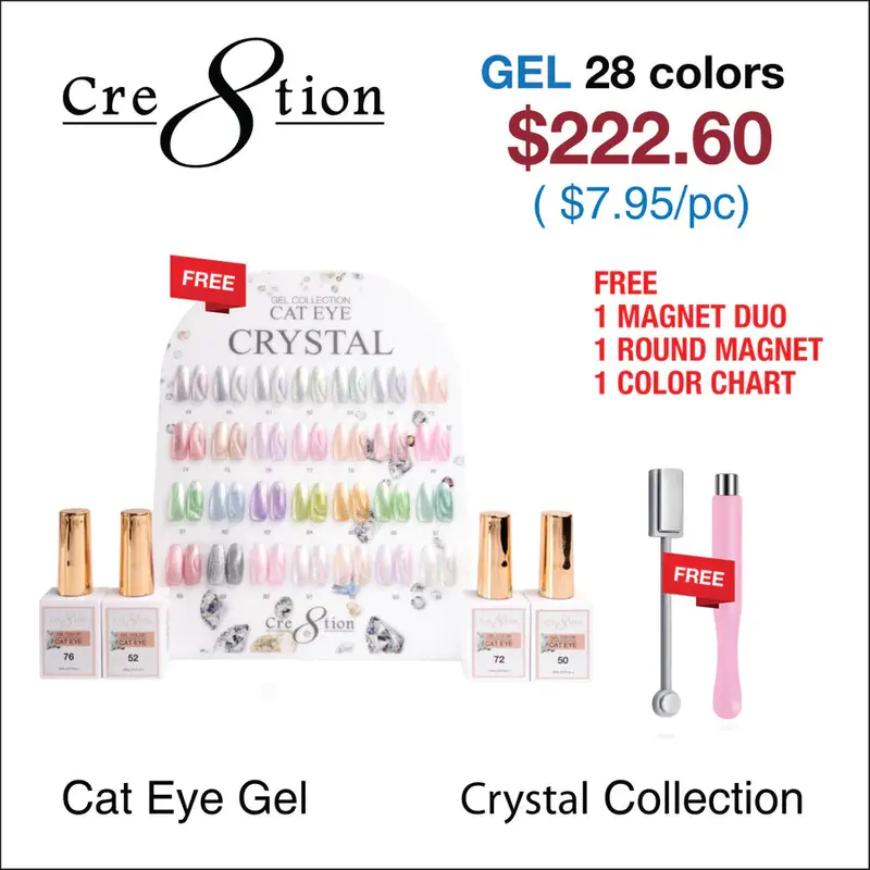 Cre8Tion Crystal Collection Cat Eye Gel – 28 Shades (Bfcm 2025 Deal) + Round Magnet, Dual Magnet, & Color Chart 1