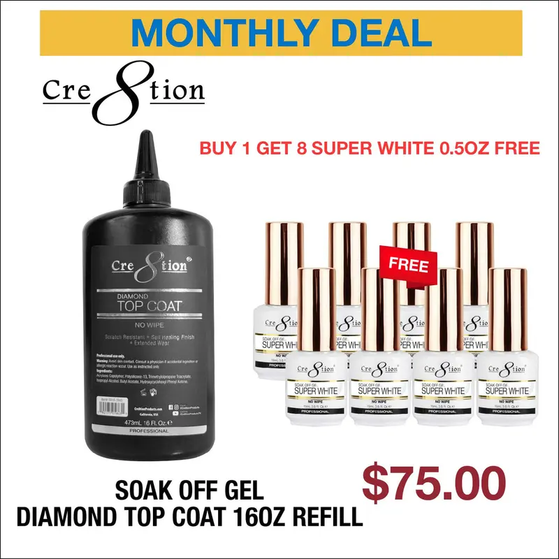 Cre8Tion Gel Diamond No-Wipe Top Coat Refill – 16Oz + 8 Free Super White Mini Bottles (0.5Oz Each) 1