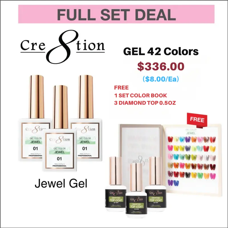 Cre8Tion Jewel Collection Gel Set – 42 Colors + 3 Diamond Top Coats & Color Chart 1