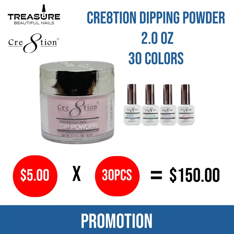 Cre8Tion Matching Dip Powder Set – 30 Coordinating Colors, 2 Oz Each + Free 4-Step Essentials (0.5 Oz) 1
