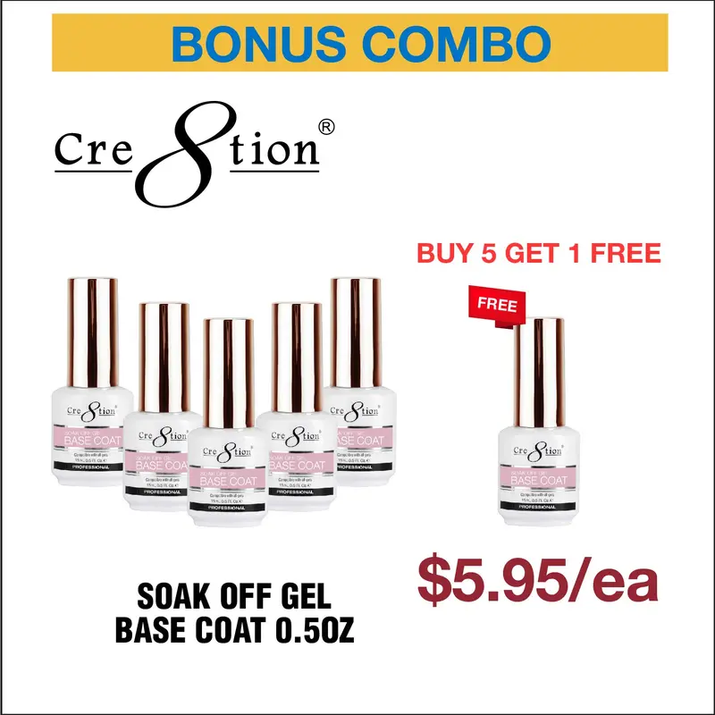 Cre8Tion Soak-Off Gel Base Coat – 0.5Oz Professional Formula (Buy 5, Get 1 Free) 1