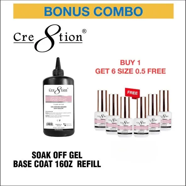 Cre8Tion Soak-Off Gel Base Coat – 16 Oz Refill + 6 Free 0.5 Oz Samples 1