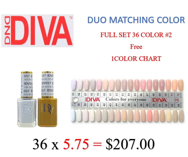 Dnd Diva Matching Duo Full Set: 36 Gel Polish Colors (#37–#72) + Free Color Chart 1