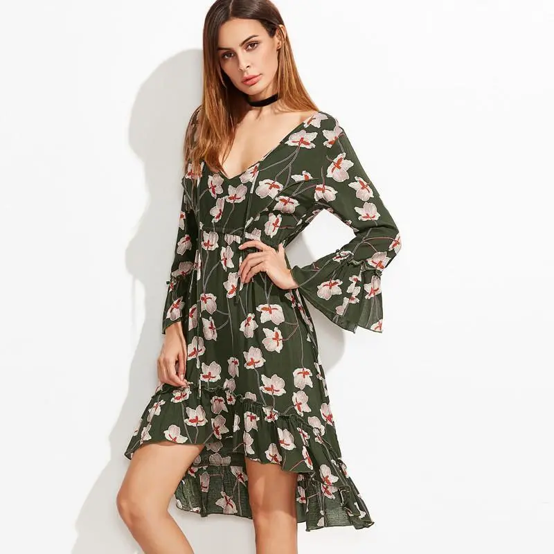 Floral Chiffon Asymmetrical Dress For Women – V-Neck Party Gown 1