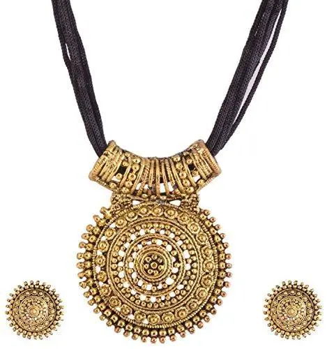 Ganapathy Gems Oxidized Brass Ganesha Pendant Necklace Set – Thread Chain With Matching Earrings 1