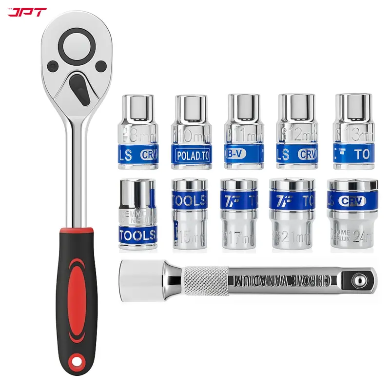 Jpt 12-In-1 1/2" Chrome Vanadium Ratchet Socket Set With 6-Point Heads, Quick-Release Reversible Mechanism & Spring-Loaded Ball – Ideal For Automotive, Motorcycle, Bicycle, And Home Repairs 1