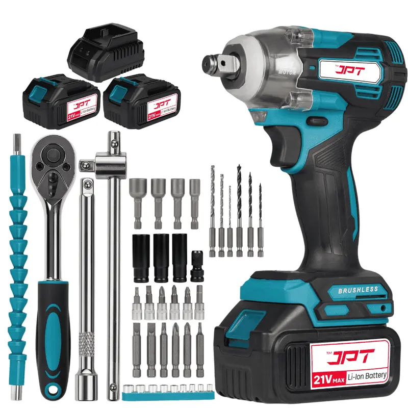 Jpt 21V Brushless Impact Wrench – 400 N·M Torque, 4000 Rpm, 3-Speed Control & 39-Piece Combo Kit With 4.0Ah Battery For Garage And Vehicle Repair 1