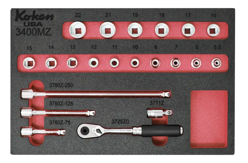 Ko-Ken Z-Series 3/8" Drive 21-Piece Metric Socket Set With 72-Tooth Quick-Release Ratchet & Foam Organizer 1