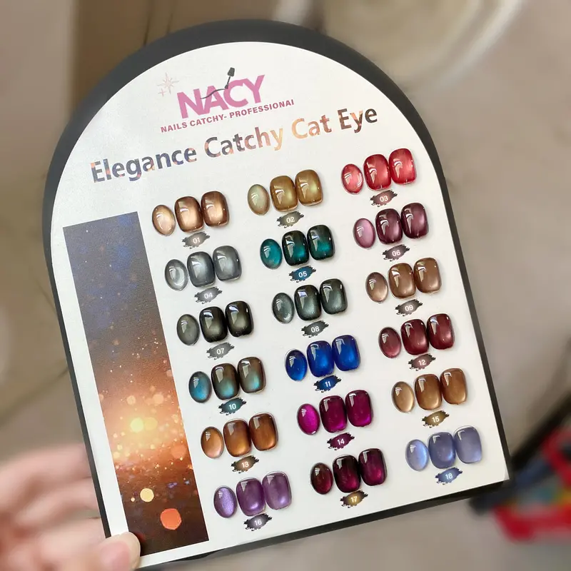 Nacy Elegance Ceramic Cat Eye Gel Full Kit – 18 Colors (0.5 Oz Each) + Free Display Stand & Super White Gel + Magnet 1