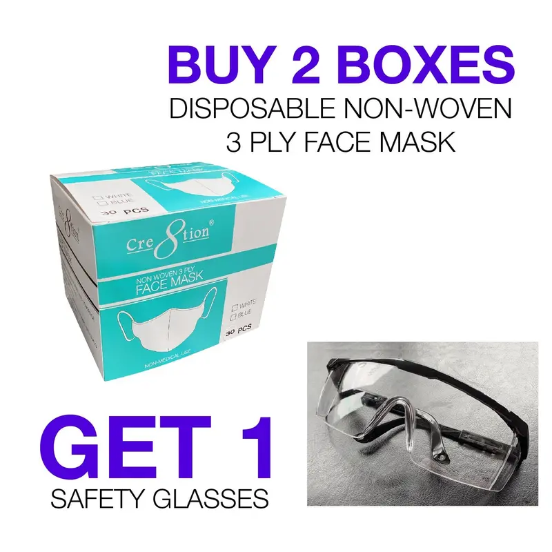 Pack Of 2 Disposable 3-Ply Face Masks (White & Blue) + Free Safety Goggles 1