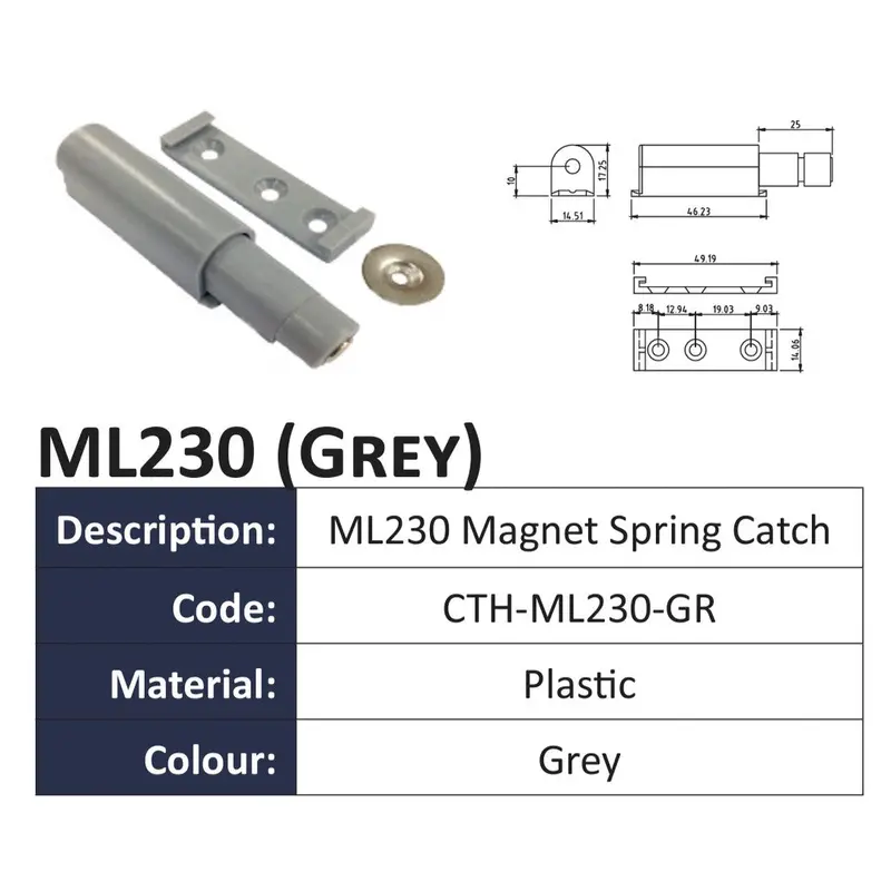 Push-To-Open Magnetic Cabinet Catch – Grey, 40 Mm Or 65 Mm Options (Ml230 / Ml330B) 1