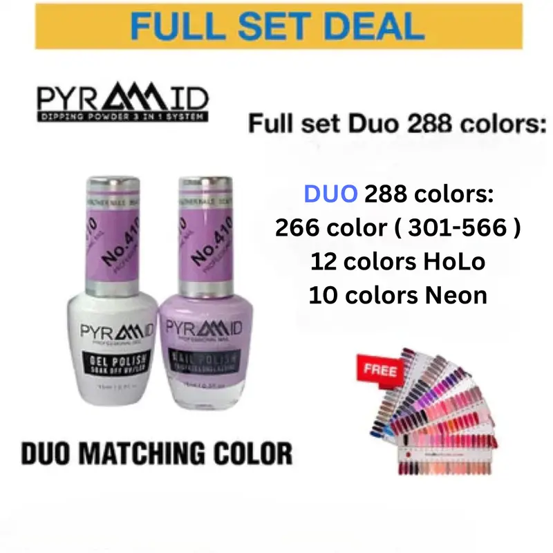 Pyramid Duo Nail Color Collection – Full Set Of 288 Shades (301–566), Including 12 Holographic & 10 Neon Colors + Color Chart 1
