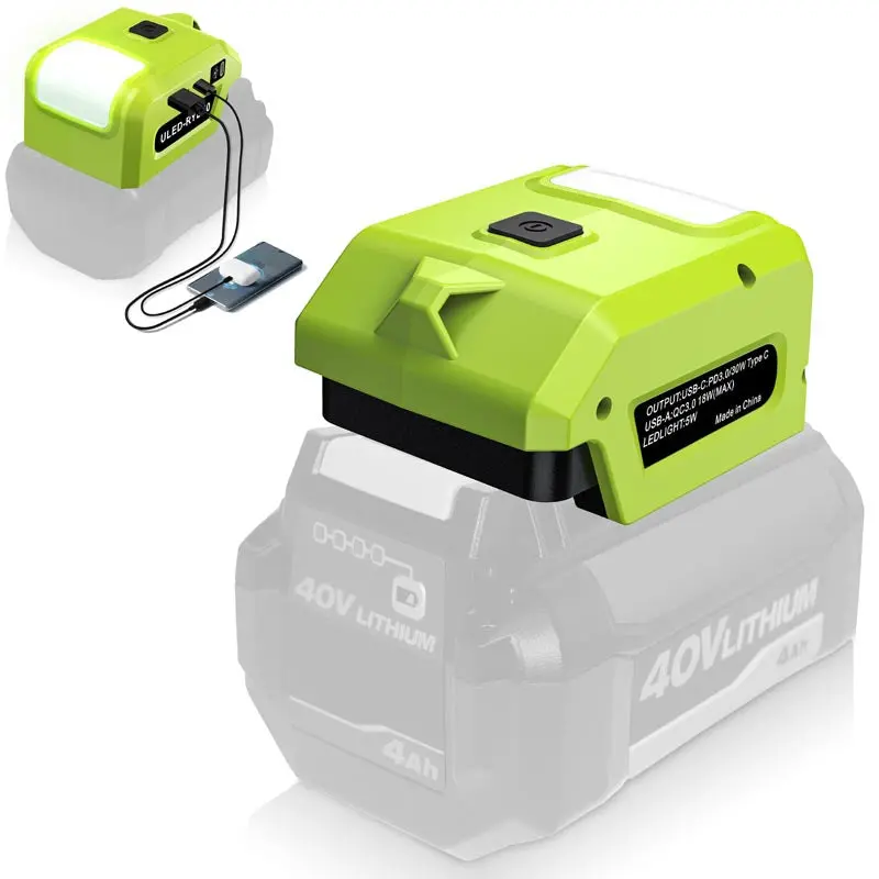 Ryobi 40V Battery Power Adapter With Led Work Light & Dual Usb Ports – Outdoor Power Hub With 30W Pd Fast Charging 1