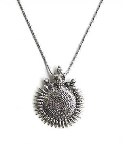 Sansar India Oxidized German Silver Ganesha Pendant Necklace – Antique Sundial Design For Women & Girls 1