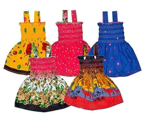 Sathiyas Soft Cotton Gathered Dresses For Newborns – 5-Pack (0–6 Months, Multicolor) 1