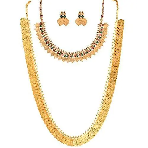 Youbella Gold-Plated Temple Coin Necklace & Earring Set In Red-Green Theme 1