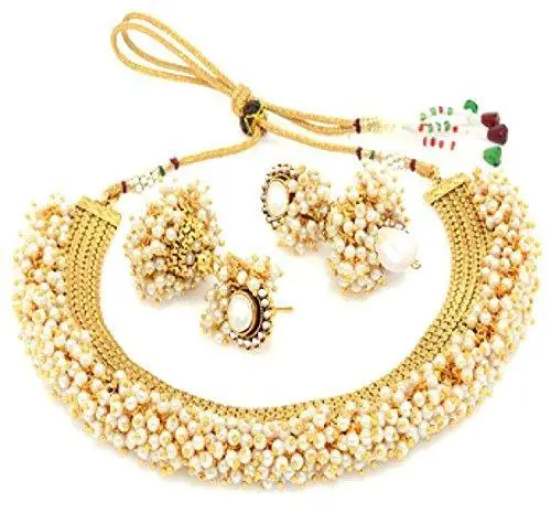 Youbella Pearl-Studded Temple Necklace & Earring Set In Gold Finish 1