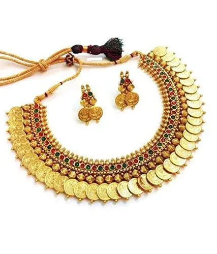 Youbella Temple Coin Necklace & Earring Set In Red And Green For Women 1